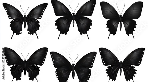 Elegant dark butterflies collection detailed vector illustration isolated on white