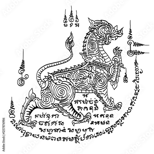 Singh (The Great Lion of Thailand) in thai tradition tattoo drawing vector. The meaning is Great power, prestige, and awe-inspiring presence. 