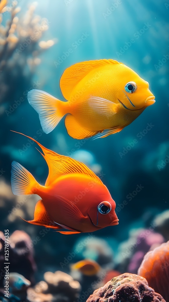 Radiant Tropical Fish Swimming in an Exotic and Vibrant Underwater Ecosystem Surrounded by Colorful Coral Reef and a Tranquil Blue Ocean Environment Radiant Tropical Fish Swimming in an Exotic and Vibrant Underwater Ecosystem Surrounded by Colorful Coral Reef and a Tranquil Blue Ocean Environment