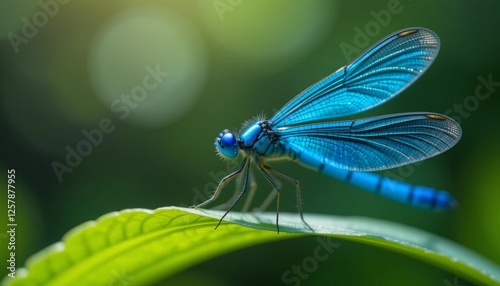 Close-Up of a Dragonfly Resting on a Leaf photo