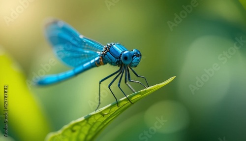 Close-Up of a Dragonfly Resting on a Leaf photo