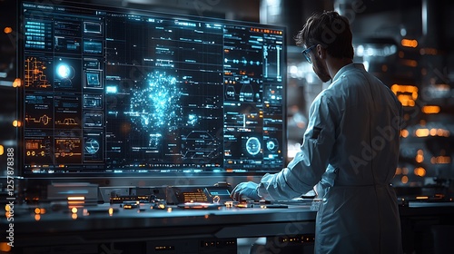 Data Scientist at Work: Immersed in a futuristic laboratory, a focused data scientist pores over intricate digital displays, analyzing data and insights with unwavering dedication.