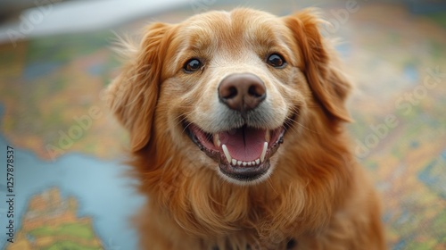 Happy golden retriever dog smiling on a colorful map background, showcasing joy and playfulness