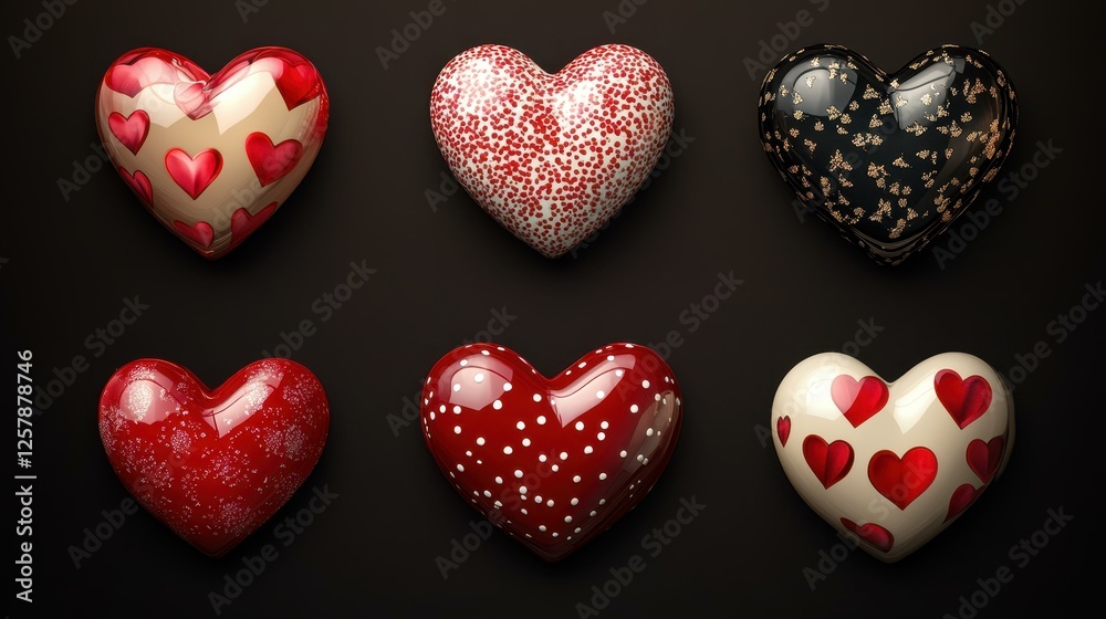 Collection of Six Heart Shaped Ornaments with Various Decorative Patterns on a Dark Background Surface
