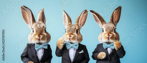 easter celebration holiday greeting card, three bunnies rabbits with suits, isolated on pastel blue background