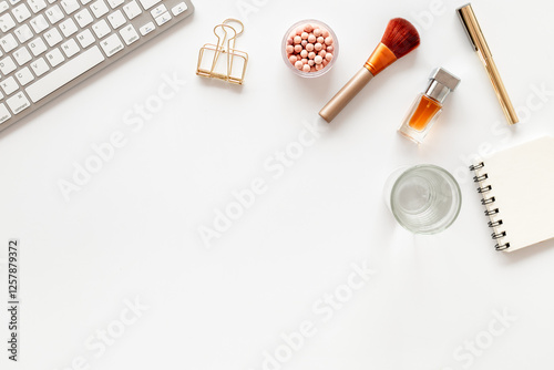 фотографія White working office table background with accessories