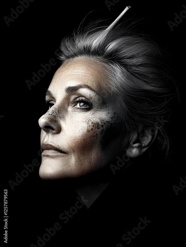 Powerful Vintage Woman s Weathered Yet Resilient Portrait with Dramatic Chiaroscuro Lighting   Captivating High Contrast Black and White Composition Evoking 1940s Feminist Photography Aesthetic photo