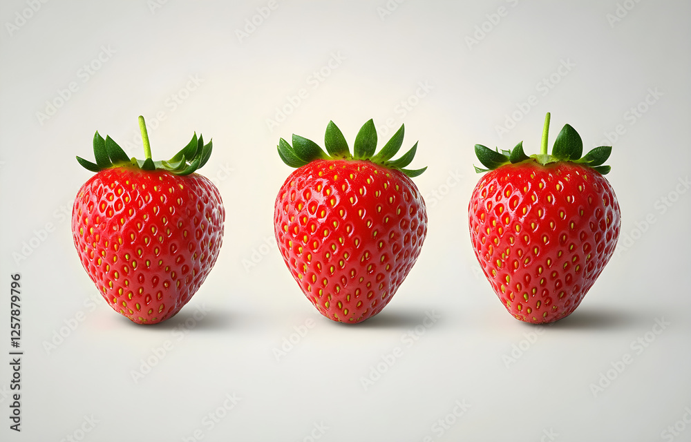 Three fresh, red strawberries, ultra-realistic photography, isolated on a white background, highly detailed and sharp image. Three fresh, red strawberries, ultra-realistic photography, isolated on a white background, highly detailed and sharp image.