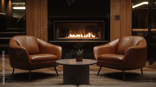 Warm leather armchairs face a cozy fireplace, symbolizing relaxation and intimate conversations. Ideal for interior design or lifestyle themes portraying comfort and luxury.