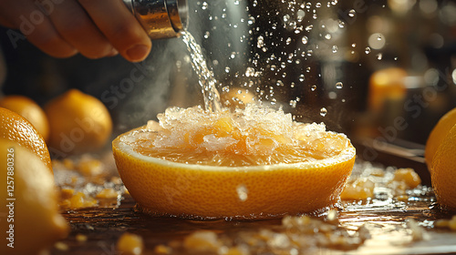 a person is squeezing sugar into an orange photo