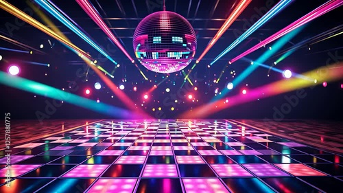 Vibrant retro disco dance floor with colorful neon lights, a spinning mirror ball, and dynamic laser beams

