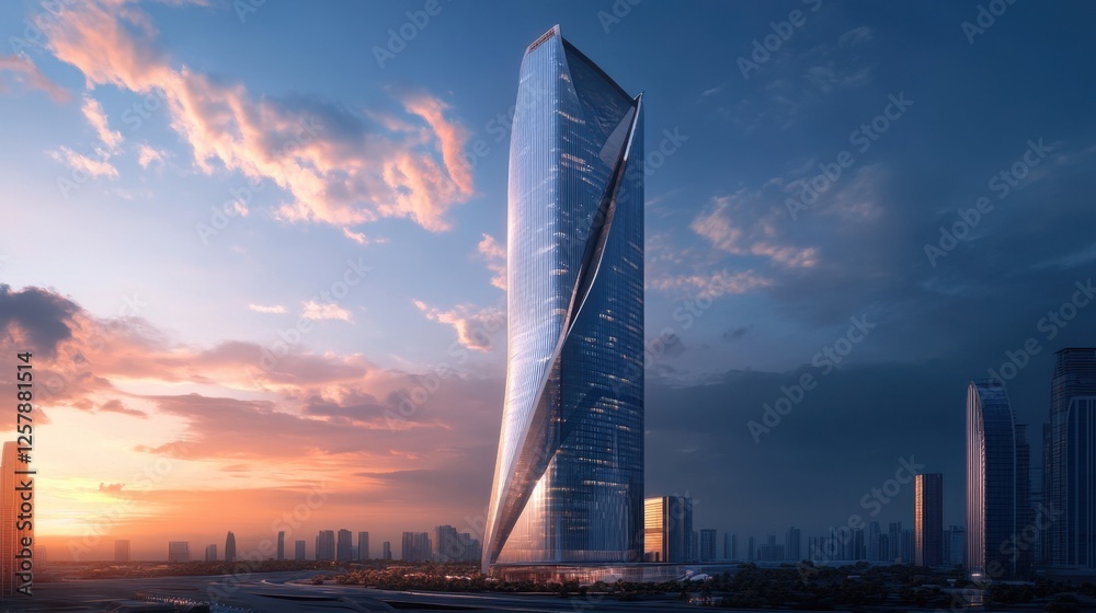 Obraz premium Business skyscraper with a futuristic facade, blue sky and soft sunset glow