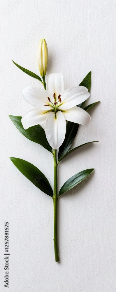 Fototapeta premium Elegant White Lily Blossom with Bud Floral Still Life
