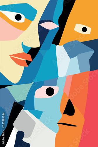 A vibrant abstract illustration featuring multiple stylized faces with geometric shapes and bold colors. This modern artwork explores diversity, identity, and artistic expression