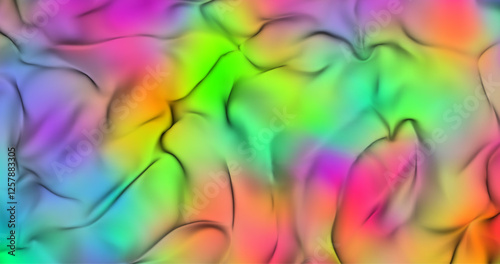 A smooth, fluid texture with an iridescent effect reminiscent of crumpled silk fabric. Vivid gradients and soft shadows create the impression of voluminous folds on the surface.