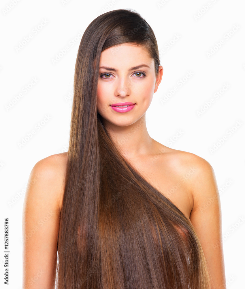 Fototapeta premium Hair, portrait and smile with woman isolated on white background for keratin or shampoo treatment. Beauty, cosmetics and haircare with naked model in studio for natural or organic volume and wellness