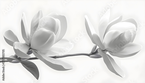 White magnolia flowers on a branch, isolated on a white background. 3D rendering with a wide shot and incredibly detailed, sharpened details. Edited in Lightroom with a Behance photography style.  photo