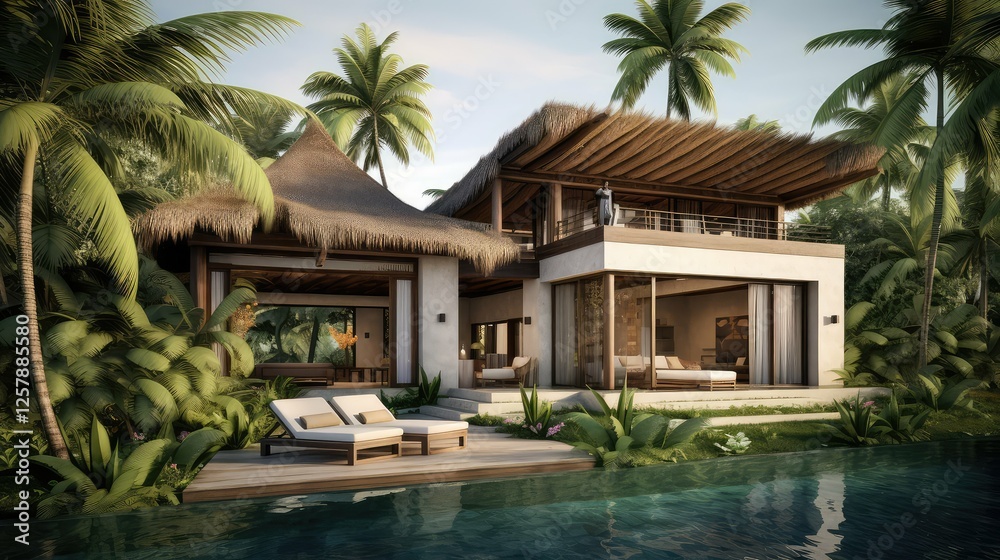 Fototapeta premium thatched house with palm tree