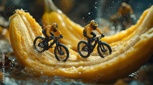 two miniature people riding on a banana
