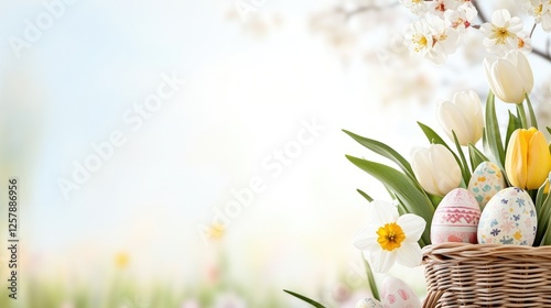 Delightful Easter Basket Of Flowers And Decorated Eggs