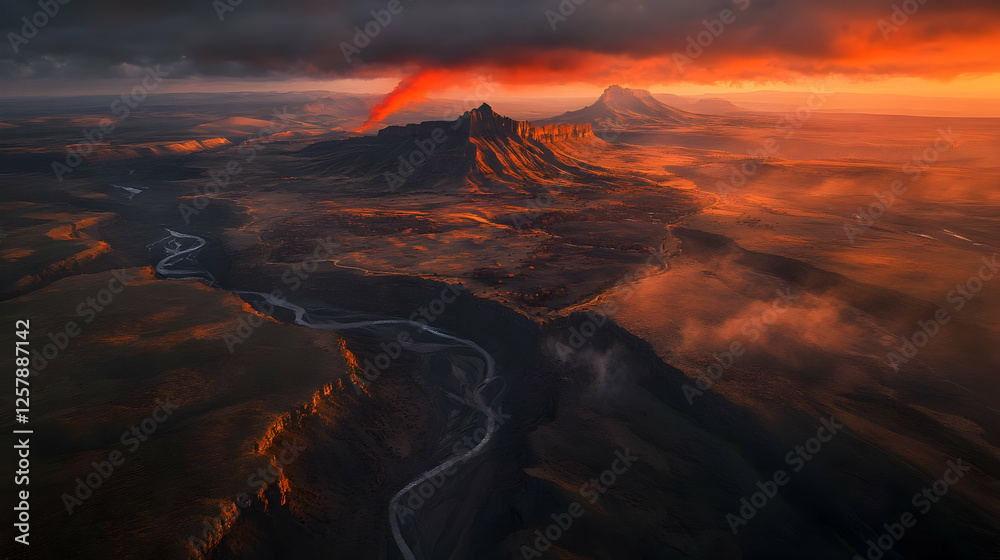 Fototapeta premium Aerial View of Dramatic Mountain Landscape with River at Sunset
