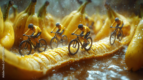 a group of people riding bikes through a banana photo