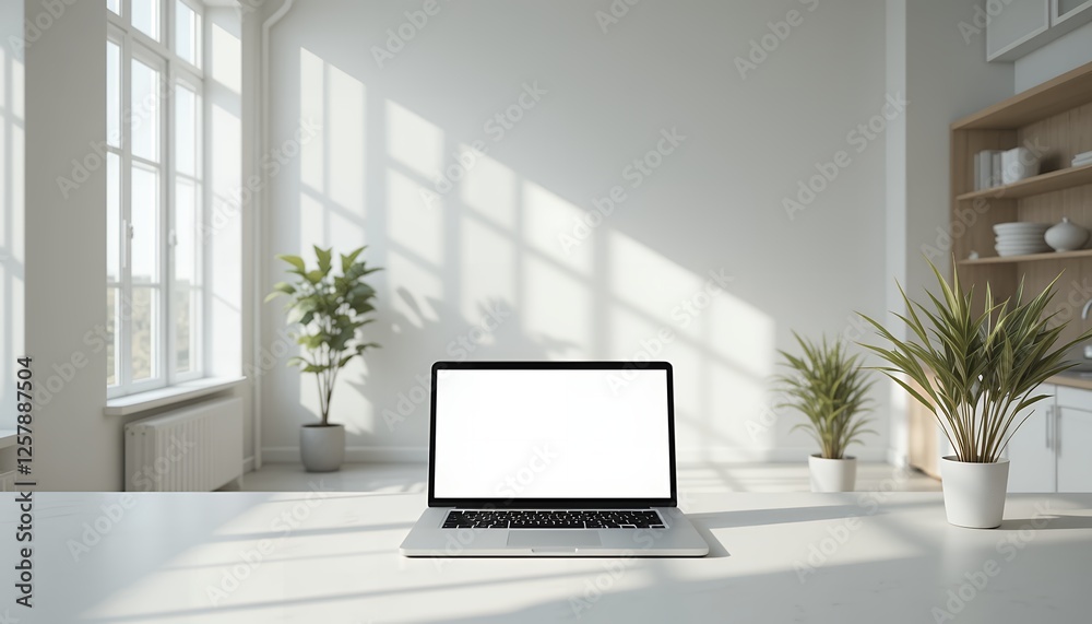 Modern Laptop Computer with white blank screen sitting on a Clean White Table Mockup Template