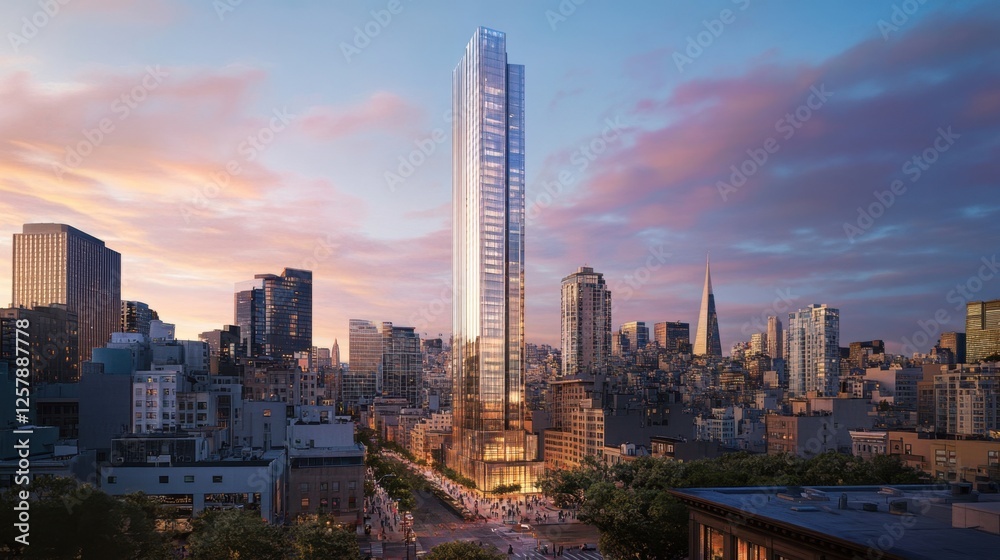 Fototapeta premium Elegant steel skyscraper towering over a bustling business district