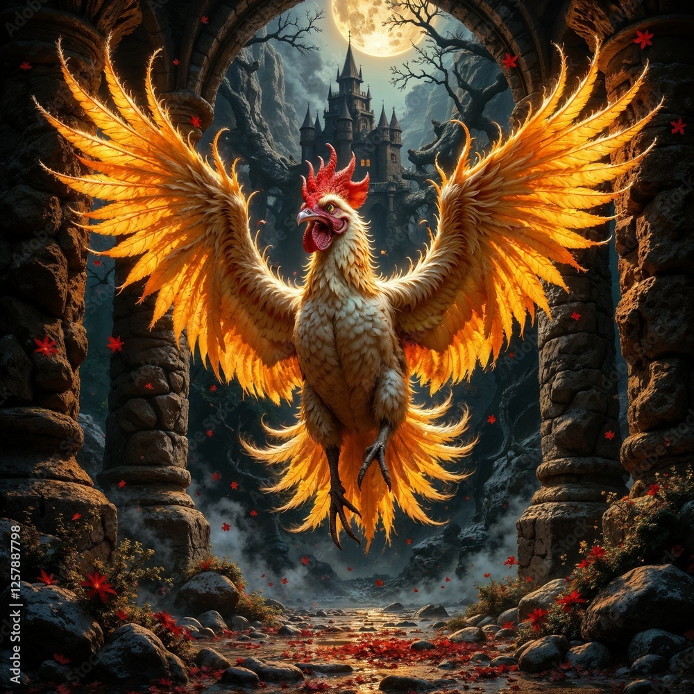 Fototapeta premium Majestic Rooster with Royal Mood Spreading Wings Against Gothic Castle