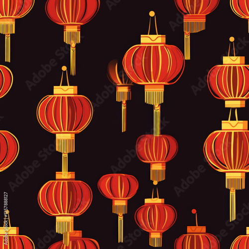 A red and gold paper lantern pattern with tassels, glowing softly against a dark background