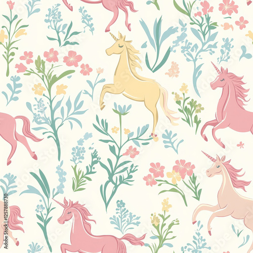 A whimsical unicorn pattern featuring pastel-colored unicorns prancing through fields of magical flowers.
