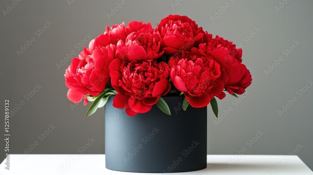 Fototapeta premium Red peonies in a dark gray box on a table