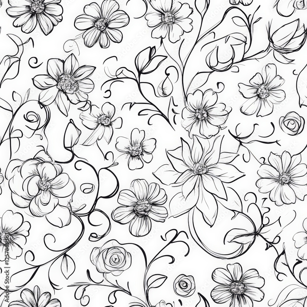 Fototapeta premium A seamless floral doodle pattern featuring hand-drawn daisies, roses, and swirling vines. Some flowers are simple outlines, while others have delicate sketchy details, creating a playful yet elegant