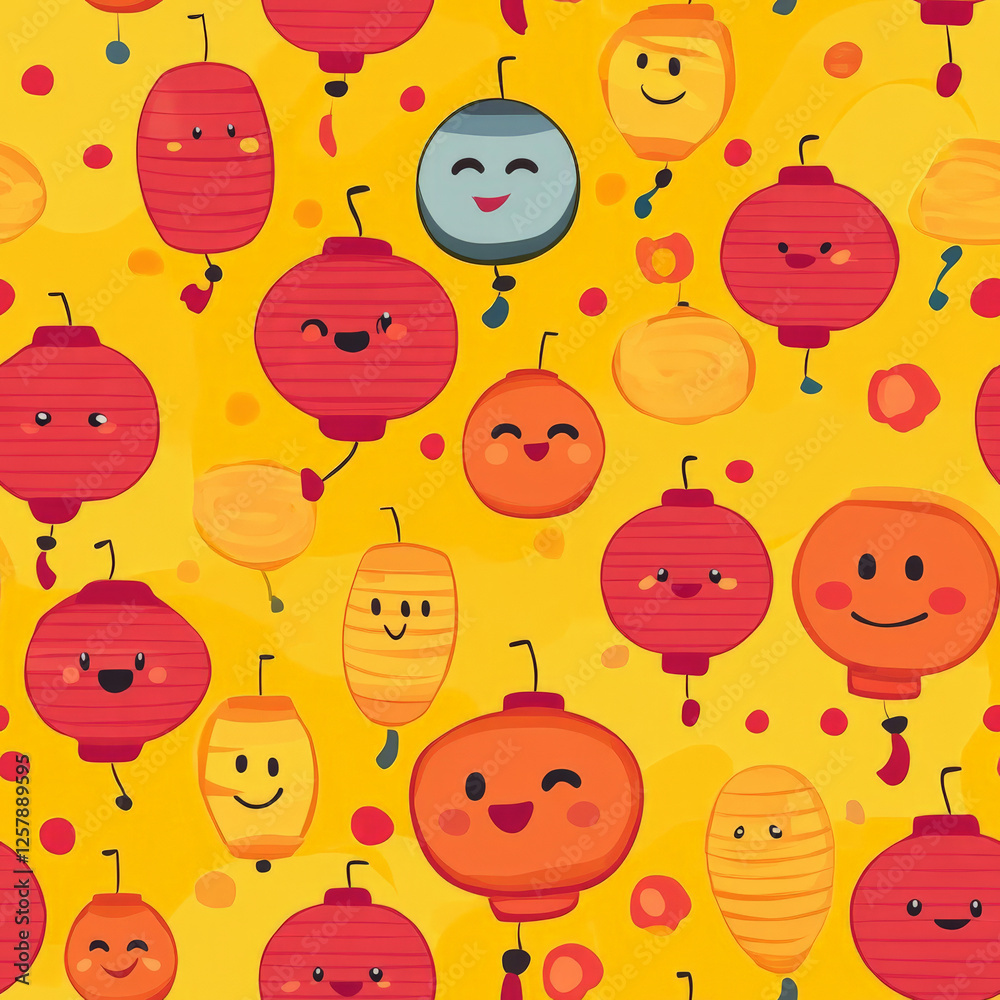 Fototapeta premium A playful, cartoon-style Lunar New Year lantern pattern with cute smiling faces