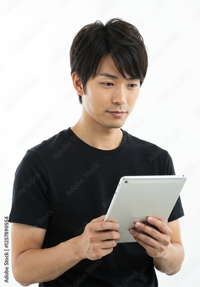 Young man using digital tablet wearing plain t-shirt isolated on white background Young man using digital tablet wearing plain t-shirt isolated on white background