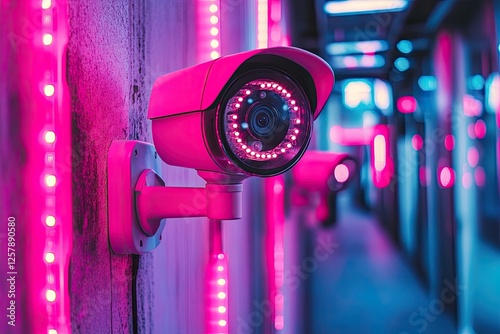 Sleek CCTV camera featuring vibrant LED lights captures a stylish, tech-focused environment designed for security