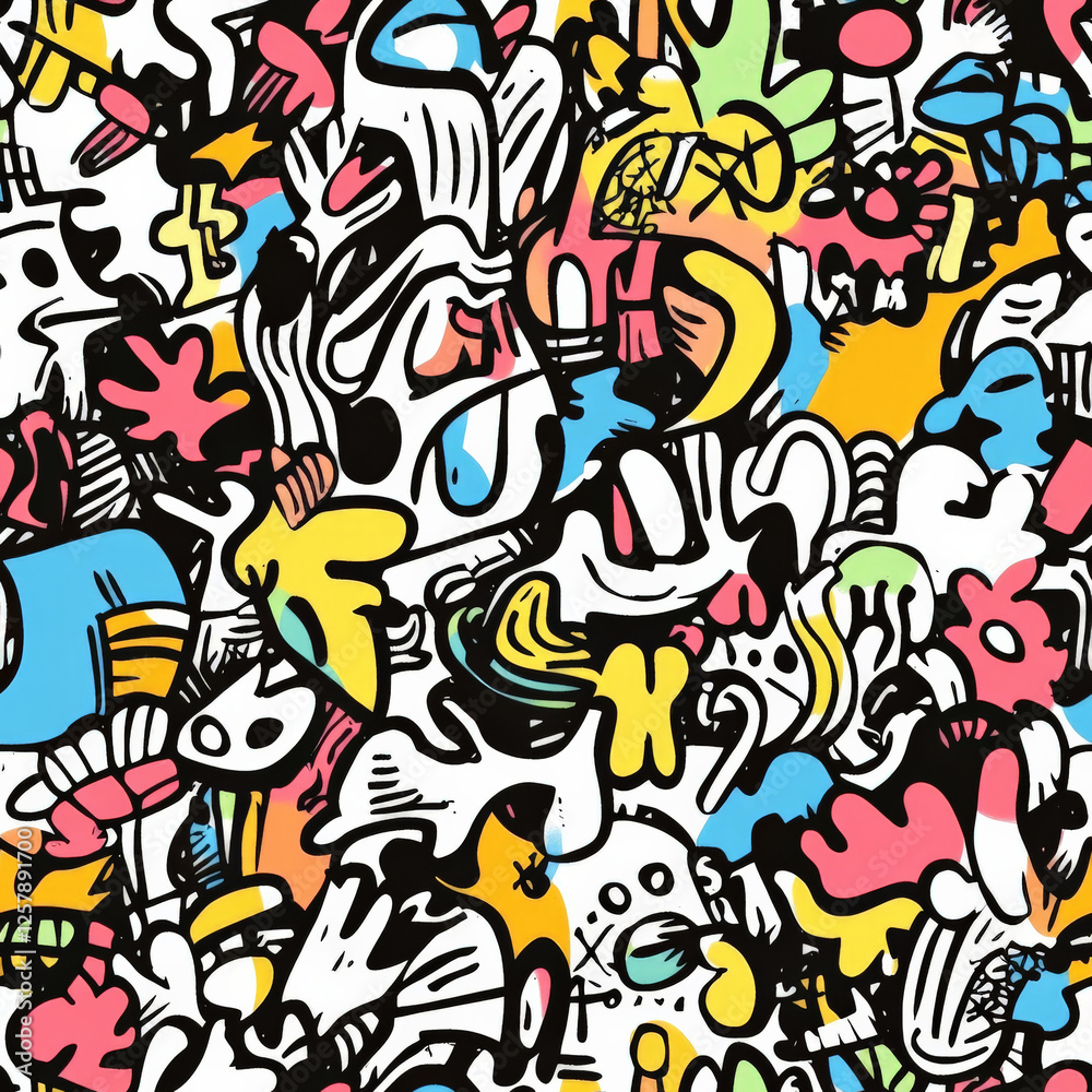 A graffiti-style doodle pattern of random abstract shapes and playful elements A graffiti-style doodle pattern of random abstract shapes and playful elements