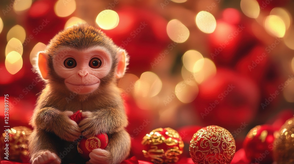 Fototapeta premium Chinese lunar new year ornaments toy of monkey on festive background,words mean best wishes and good luck for the coming chinese new year