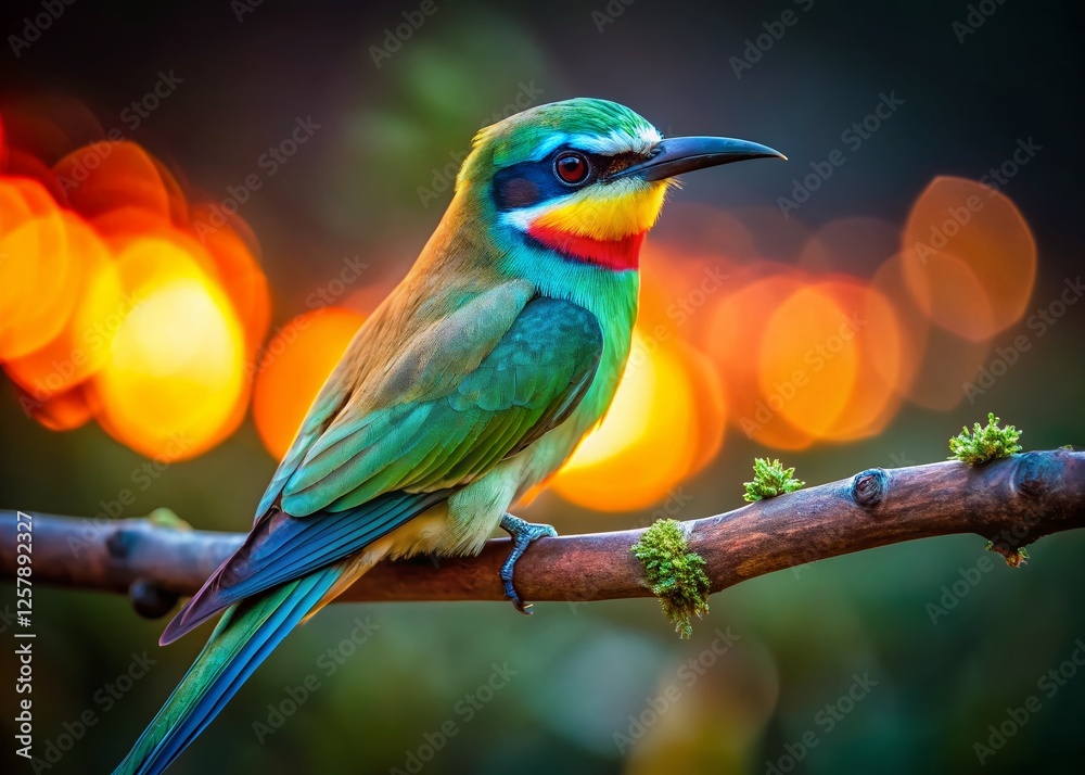 Obraz premium Blue-Cheeked Bee-Eater Bird Closeup on Branch - Low Light Photography