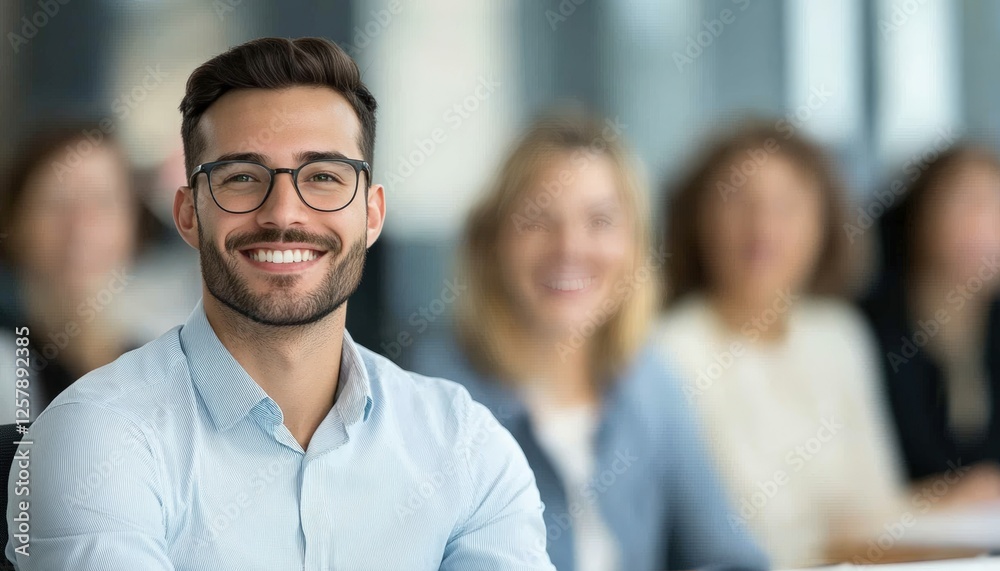 Smiling man in glasses in a professional setting, with colleagues blurred in the background. Smiling man in glasses in a professional setting, with colleagues blurred in the background.