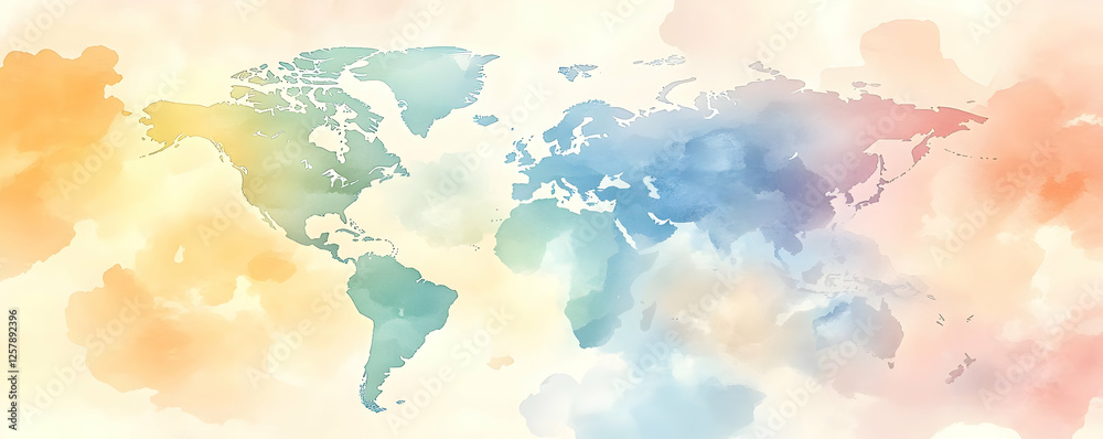 Obraz premium Global watercolor map, pastel clouds