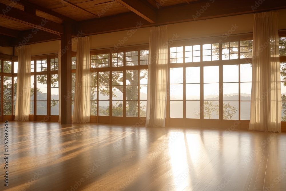 Obraz premium Natural light fills a serene wooden room with expansive windows overlooking a tranquil landscape at sunset