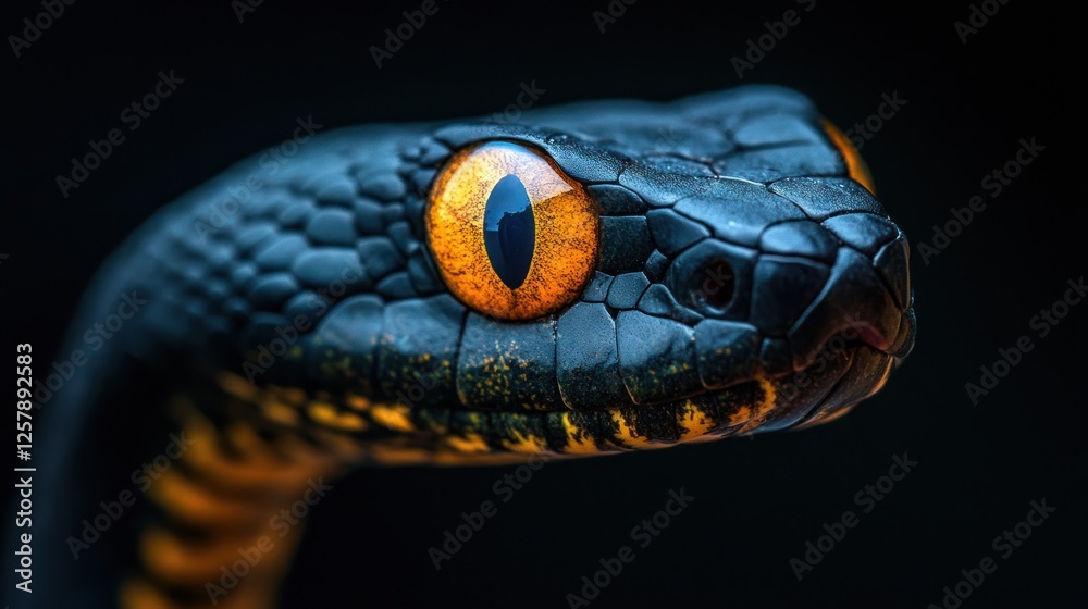 Fototapeta premium Black snake portrait, intense gaze, dark background, wildlife photography