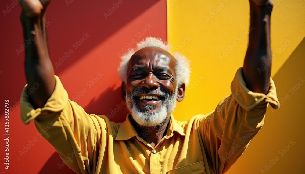 Obraz premium Elderly smiling African man raising both index fingers against a vibrant colored background with dynamic shadows