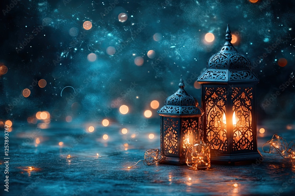 Soft lighting illuminates decorative lanterns and crescent moons, creating a warm atmosphere for Ramadan festivities with geometric patterns Soft lighting illuminates decorative lanterns and crescent moons, creating a warm atmosphere for Ramadan festivities with geometric patterns