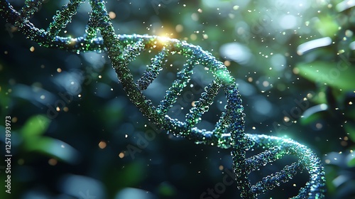 Wallpaper Mural DNA Strand in Lush Forest: A mesmerizing 3D rendering of a DNA double helix, glowing with an ethereal light, set against a backdrop of a vibrant green forest. Torontodigital.ca