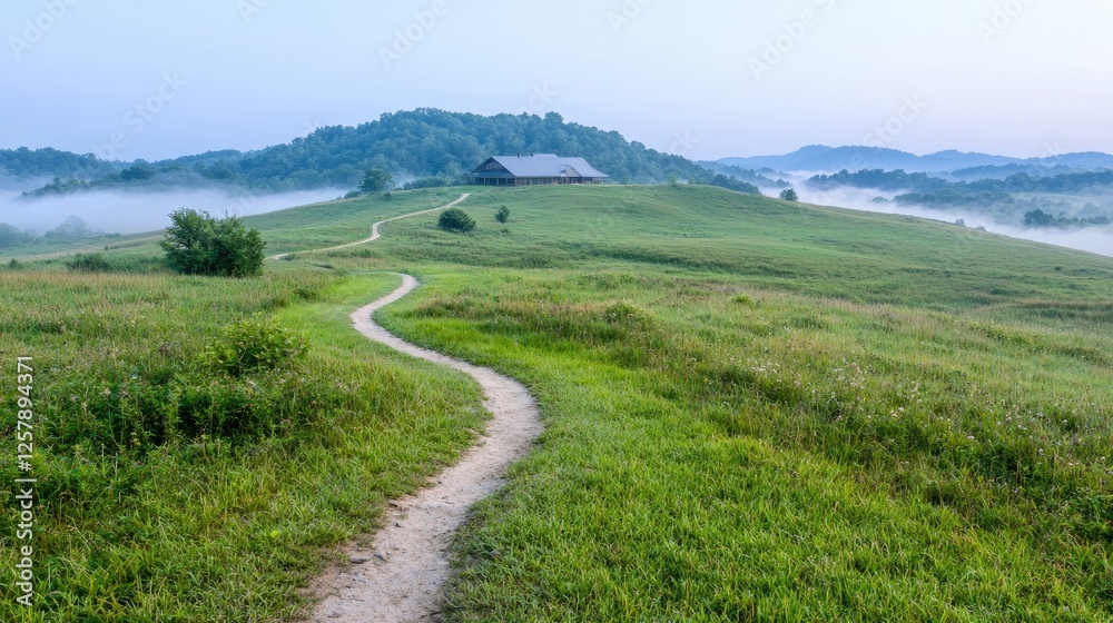Fototapeta premium Misty morning landscape with winding path and rural farmhouse