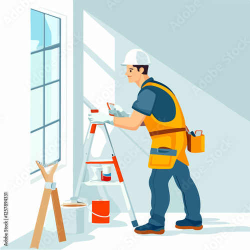 Illustration of a worker doing repairs in a house. Builder. Repairman.