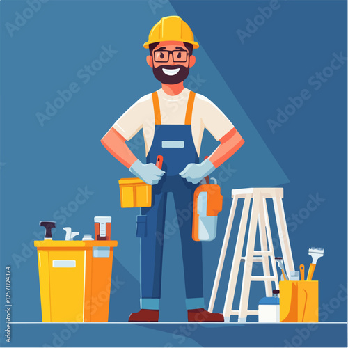 Illustration of a worker doing repairs in a house. Builder. Repairman.