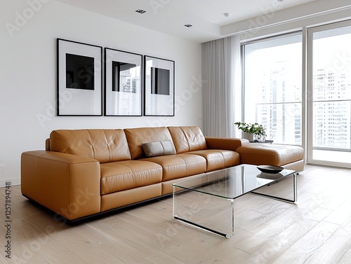 Modern minimalist interiors in residential living rooms with walls hanging art frames and brown leather sofas. Generative AI
